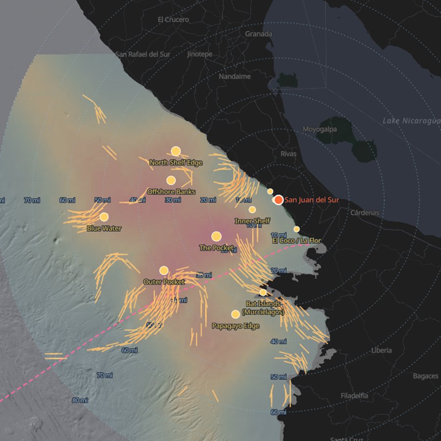 The actual Bluewater IQ map for a real morning: the sailfish heat field over 60 miles of Pacific, surface-current arrows, range rings, and the named hotspots — North Shelf Edge, Offshore Banks, Blue Water, The Pocket, Papagayo Edge — with San Juan del Sur marked on the coast.